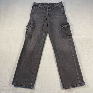 Express Women’s Black/Charcoal Button-Fly Cargo Jeans, Relaxed Straight, size 6R